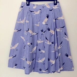 8 Cranes Pattern Blue Striped Skirt with Bird Print Full